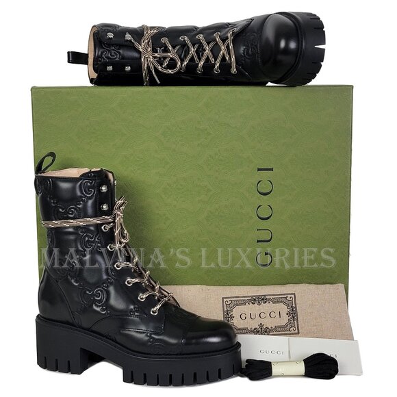 GUCCI BOOTS ANKLE BLACK GG LOGO LEATHER QUILTED LACE-UP sz 39.5 9.5 US - Picture 5 of 16